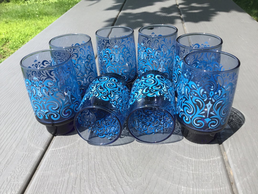 1960s Libbey Footed Highball Glass Set of Eight Blue Enamel Etsy