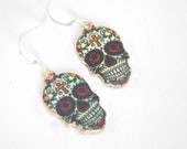 Skull Earrings, Day of the Dead, Halloween Accessory, Dangle Earrings, Sugar Skull, Costume Accessory, Gift for Her, Fall Jewelry, Green