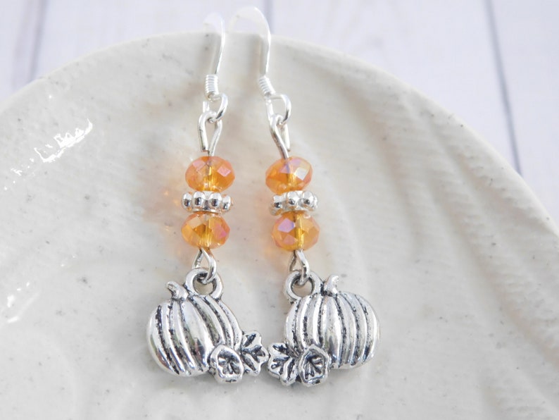 Pumpkin Earrings, Beaded Earrings, Orange and Silver, Fall Jewelry, Halloween Accessory, Handmade, October Gift, Gift Under 15, Gift for Her 