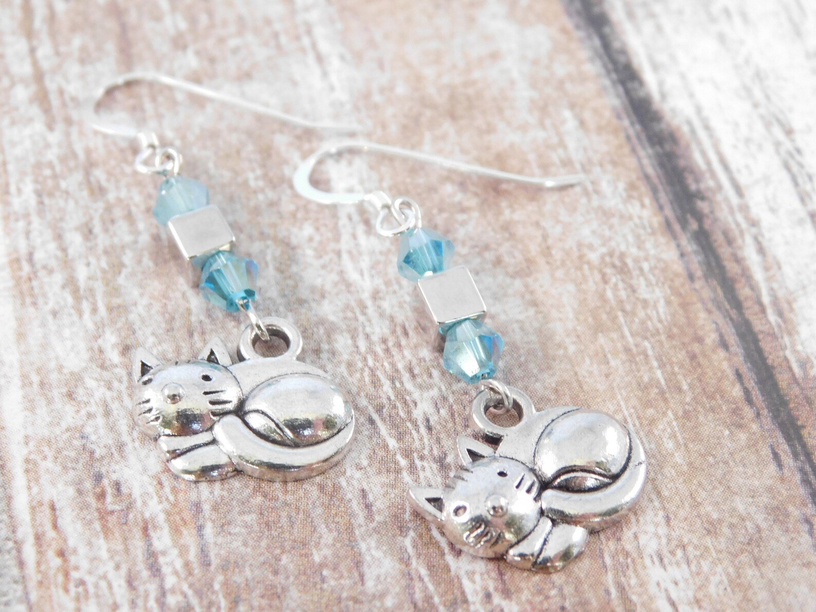 Dangle Cat Earrings Light Blue Beaded Jewelry Handmade Etsy