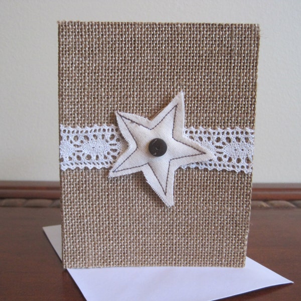 Handmade, Star and Lace Burlap Greeting Card, Any Occasion, Blank Inside