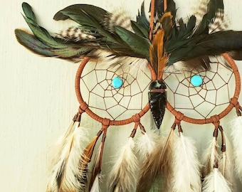 Bright Eyed Owl // Faux Suede, Rooster Tail Feathers, Obsidian Arrowhead // MADE TO ORDER