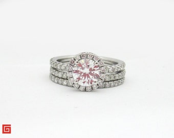 Halo Diamond Ring with Matching Bands in 18K White Gold (1.05 ctw Diamonds) (Center Stone not Included)