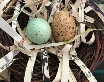 Bird Eggs . Faux/Fake/Artificial Eggs w/ Brown Speckles . Set of TWELVE . Choice of Two Colors :  Pale Aqua Blue/Green or Vintage Tans