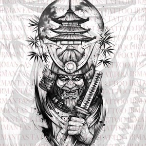 One-of-a-Kind  Japanese Samurai  Digital Tattoo Design PSD file with stencil layer