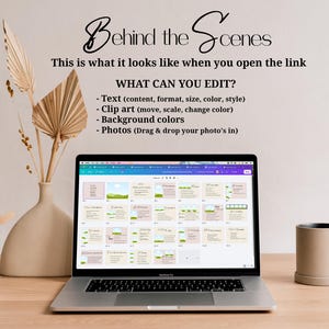 K&ouml;nnte beinhalten: Ein Laptop zeigt eine digitale Design-Oberfl&auml;che mit mehreren Vorlagen. Der Text lautet: Behind the Scenes, This is what it looks like when you open the link, WHAT CAN YOU EDIT?, Text, Clip art, Background colors, Photos.