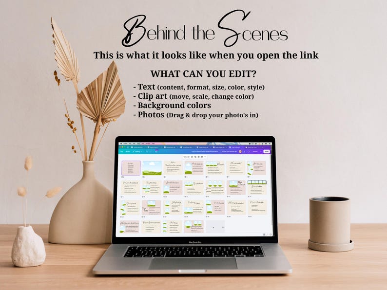 K&ouml;nnte beinhalten: Ein Laptop zeigt eine digitale Design-Oberfl&auml;che mit mehreren Vorlagen. Der Text lautet: Behind the Scenes, This is what it looks like when you open the link, WHAT CAN YOU EDIT?, Text, Clip art, Background colors, Photos.