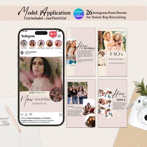 May include: A digital marketing template set for Instagram featuring 26 posts and stories for senior representative recruiting. The display shows a smartphone with an Instagram feed, a white instant camera, and a notepad with a pen on a light background.