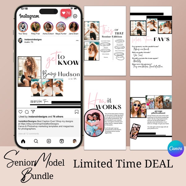 Senior Photographer Social Media Marketing Bundle, Canva Senior Model Rep Team Application, Photographer Business Essentials, BAILEY