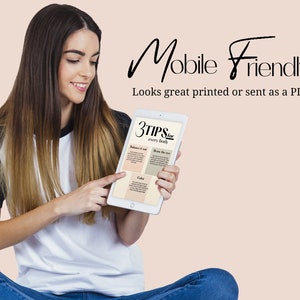 May include: A woman is holding a tablet displaying a graphic with the text "3 TIPS for every booth". The graphic is divided into three sections: "Balance it out", "Draw the eye", and "Color". The text "Mobile Friendly" is displayed above the tablet. The text "Looks great printed or sent as a PDF" is displayed below the tablet.