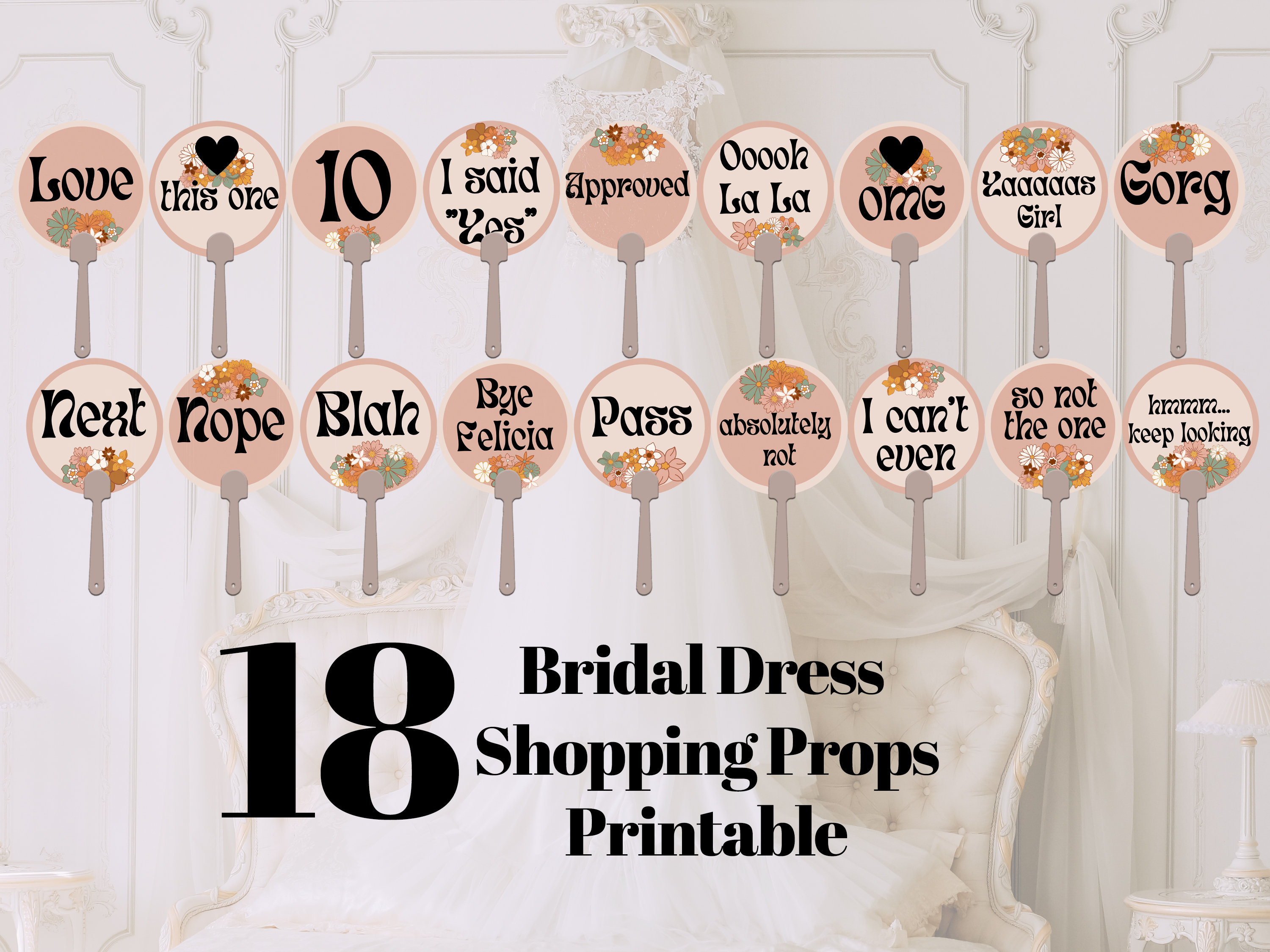 Retro Flowers Wedding Dress Shopping Paddle Signs. Bridal Party Games ...