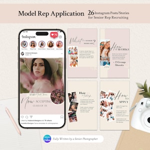 Senior Model Rep Recruiting Instagram Templates | 26 Canva Posts & Stories with Program Benefits