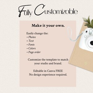 K&ouml;nnte beinhalten: Eine digitale Vorlagenwerbung mit dem Text Fully Customizable und Make it your own. Sie listet bearbeitbare Funktionen wie Fotos, Text, Schriftarten, Farben und Seitenreihenfolge auf. Eine wei&szlig;e Sofortbildkamera liegt auf einem beigen Notizbuch.