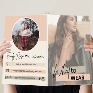 May include: A brochure with a peach and beige color scheme. The front cover features a photo of a woman wearing a hat and a floral skirt. The text "Emily Rose Photography" is written in black cursive. The back cover features a photo of a woman wearing a black leather jacket. The text "What to WEAR" is written in black cursive.