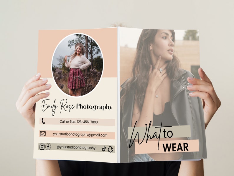 May include: A brochure with a peach and beige color scheme. The front cover features a photo of a woman wearing a hat and a floral skirt. The text "Emily Rose Photography" is written in black cursive. The back cover features a photo of a woman wearing a black leather jacket. The text "What to WEAR" is written in black cursive.