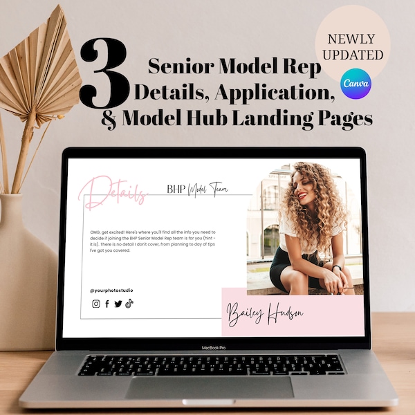 Canva Senior Model Rep Application Landing Page, Senior Model Rep Program Advertisement, Senior Photographer Link In Bio Website, BAILEY