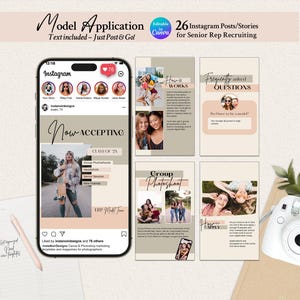 May include: A digital marketing template set for Instagram featuring a smartphone displaying a social media feed, four additional vertical story layouts, a white pen, and a white instant film camera on a tan surface with text overlays.