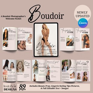 Canva Boudoir Welcome Guide Magazine, What to Wear to Boudoir Photoshoot, Lingerie Guide, Editable Pink Boudoir Photographer Welcome Kit