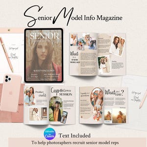 May include: A digital magazine template set titled Senior Model Info Magazine, featuring multiple open page layouts with photography, text, and graphic elements. Includes a tablet, a smartphone, two pens, and two lined paper sheets with the text Get organized.
