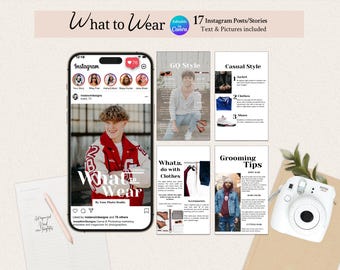 Senior Guy Photography Instagram Templates: Style & Grooming Tips (Canva, 17 Posts) Pictures included