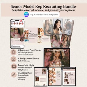 Senior Model Rep Team Program Details Bundle with Magazines, Newsletters, Landing Pages, Instagram Posts & Stories, Canva, Prewritten Copy