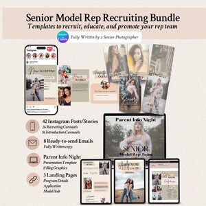 Modern Senior Model Rep Team Program Details Bundle: Canva Marketing Kit for Photographers, Prewritten copy included