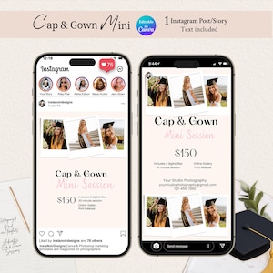 Può includere: Due smartphone che mostrano modelli di post e storie di Instagram per una sessione fotografica Cap & Gown Mini Session. Gli schermi presentano foto in stile polaroid di laureati, il testo Cap & Gown Mini Session e spazi per i contatti.
