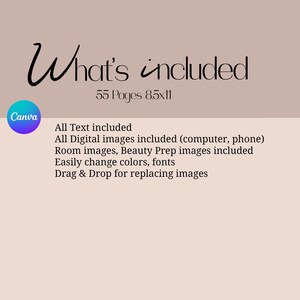 May include: A Canva design template with the text "What's included" and "55 Pages 8.5x11". The text below lists the features included in the template: "All Text included", "All Digital images included (computer, phone)", "Room images, Beauty Prep images included", "Easily change colors, fonts", and "Drag & Drop for replacing images".