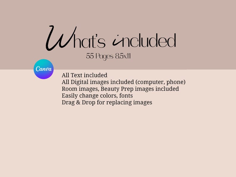 May include: A Canva design template with the text "What's included" and "55 Pages 8.5x11". The text below lists the features included in the template: "All Text included", "All Digital images included (computer, phone)", "Room images, Beauty Prep images included", "Easily change colors, fonts", and "Drag & Drop for replacing images".