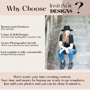 About the owner of InstaNoir Designs, a woman-owned business created by a wife, mom, and former photographer. Features unique and bold designs, professionally written marketing copy, fully customizable templates, and detailed tutorials. Includes a photo of the owner seated on outdoor steps. Ready-to-use social media templates and marketing resources help photographers and creative business owners save time creating content and marketing their business.
