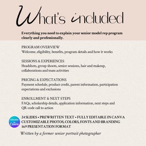 K&ouml;nnte beinhalten: Eine digitale Pr&auml;sentationsvorlage mit dem Titel What's included, die ein Senior-Model-Rep-Programm beschreibt. Sie enth&auml;lt Abschnitte zu Programm&uuml;bersicht, Sitzungen, Preisen und Anmeldung. 24 Folien, bearbeitbar in Canva, im 16:9-Format.