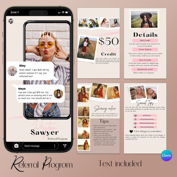 Canva Digital Photographer Referral Program, Portrait Referral Discount Code, Photographer Referral Info App, Photography Template