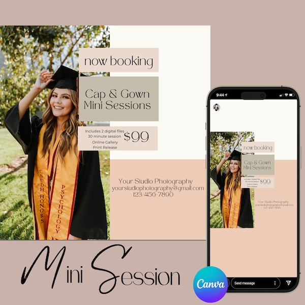 Cap & Gown Grad Mini Session Template, Senior Grad Mini Session Marketing, Photographer Marketing Canva Template, Photographer Social Media