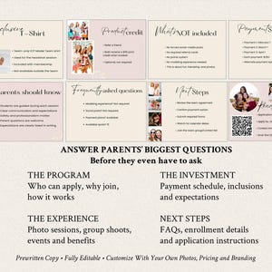 K&ouml;nnte beinhalten: Eine digitale Informationsblatt-Vorlage mit Abschnitten mit den Titeln Exclusive T-Shirt, Product credit, What's NOT included, Payment Schedule, What parents should know, Frequently asked questions, Next Steps und Ready to join mit einem QR-Code.