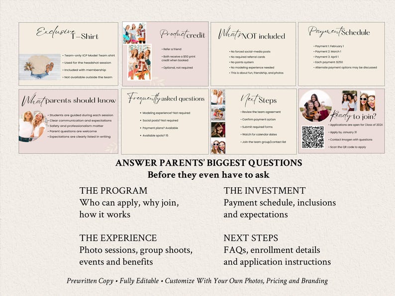 K&ouml;nnte beinhalten: Eine digitale Informationsblatt-Vorlage mit Abschnitten mit den Titeln Exclusive T-Shirt, Product credit, What's NOT included, Payment Schedule, What parents should know, Frequently asked questions, Next Steps und Ready to join mit einem QR-Code.