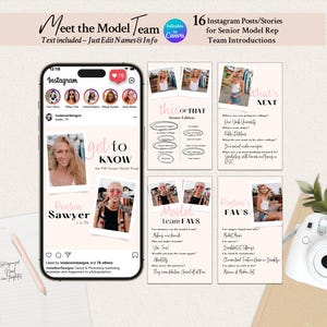 May include: A set of 16 editable Instagram post and story templates for senior model team introductions. The digital templates feature a soft pink and white color palette with placeholders for photos, text, and graphics, displayed on a smartphone screen.