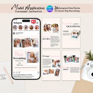 May include: A digital marketing template set for Instagram featuring 26 editable posts and stories for senior representative recruiting. The design includes a smartphone displaying an Instagram feed, polaroid-style photo frames, and text overlays.