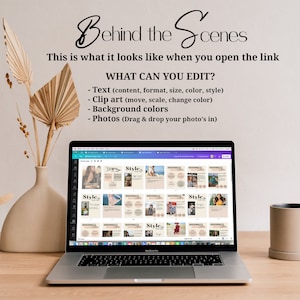 May include: A laptop screen displaying a website with a grid of customizable social media templates. The templates feature different layouts and designs, with text that says "Style" and "3mos".