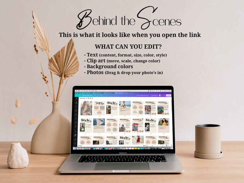 May include: A laptop screen displaying a website with a grid of customizable social media templates. The templates feature different layouts and designs, with text that says "Style" and "3mos".