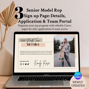 Senior Model Rep Canva Landing Pages | Application, Details & Team Portal Pages for Photographers | Easy to Edit with Typeform, EMILY