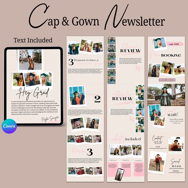 Cap & Gown Mini Session Booking Email, Photographer Newsletter Canva, Cap Gown Newsletter, Now Booking Photographer Newsletter Template