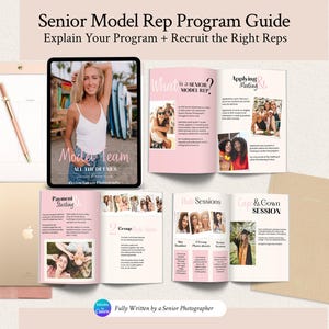 May include: A digital Senior Model Rep Program Guide template set featuring a tablet displaying a model team cover, two open brochures with pink accents, text, and photography, a gold tablet, a rose gold pen, and a beige folder on a light background.