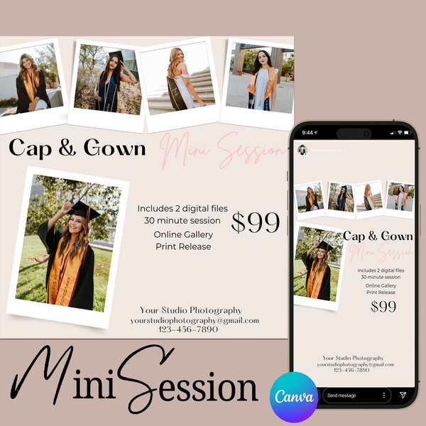 Cap & Gown Grad Mini Session Template, Content for Senior Photographers,  Photographer Marketing Canva Template, Photographer Social Media