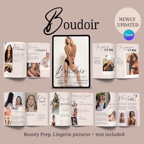 Canva Boudoir Welcome Guide Magazine, What to Wear to Boudoir Photoshoot, Lingerie Guide, Editable Pink Boudoir Photographer Welcome Kit