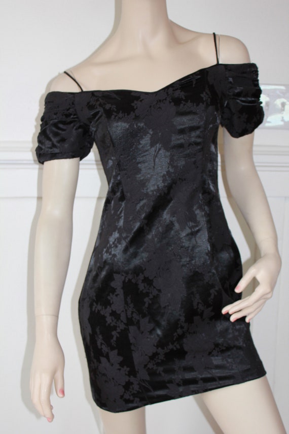 black satin off the shoulder dress