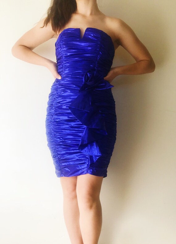 80's/ 90's Strapless Metallic Blue Formal Prom Dre