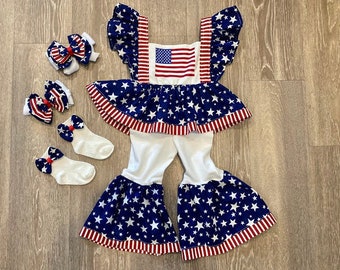 Patriotic Pageant wear, Toddler girls Independence day outfit, July 4 Pageant outfit, Baby girls RWB outfit, baby bloomer, bell bottoms pant