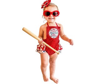 Baby Girls Baseball romper, Baseball Pageant wear, Toddler girls baseball outfit, custom girls sports wear, theme wear, out of your leaque