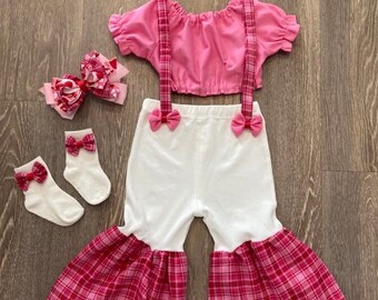 Girls Valentine Day outfit, Pageant wear, baby toddler suspender skirt, bell bottom pants, toddler skirted bloomer, OOC, smash cake,birthday