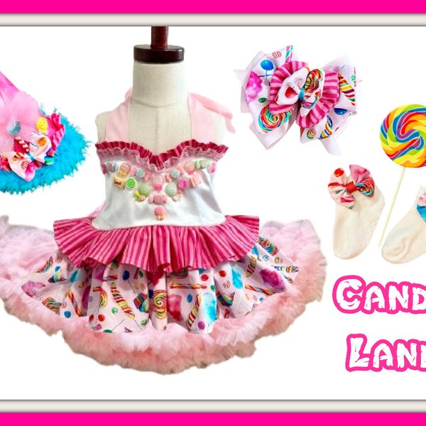 Pink Pageant Candy Land Princess Sweet Shoppe dress, baby toddler candy birthday rainbow lollipop pastel tutu outfit, Cotton Candy skirt